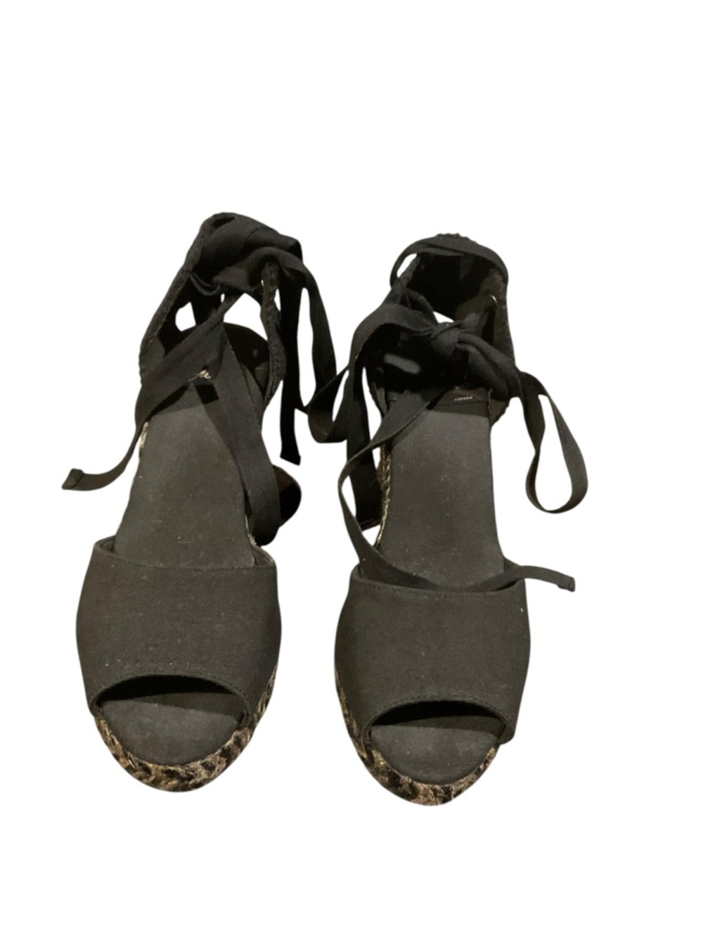Black Lace-Up Espadrille Wedge Sandals with Ankle Ties